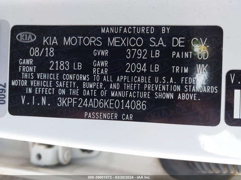 2019 KIA FORTE FE/LX/LXS - 3KPF24AD6KE014086