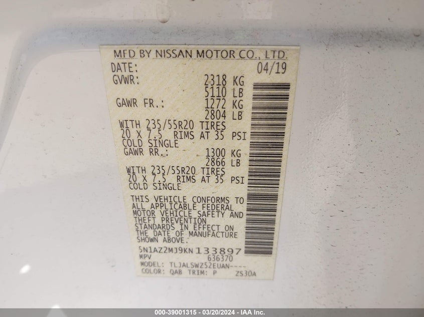 2019 NISSAN MURANO PLATINUM - 5N1AZ2MJ9KN133897