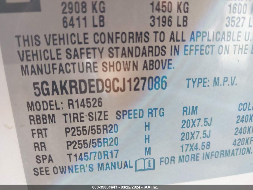 2012 Buick Enclave Premium VIN: 5GAKRDED9CJ127086 Lot: 39001647