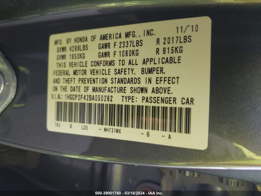 1HGCP2F42BA050282 | 2011 HONDA ACCORD