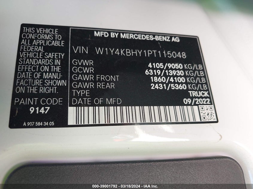 2023 MERCEDES-BENZ SPRINTER 2500 VIN: W1Y4KBHY1PT115048