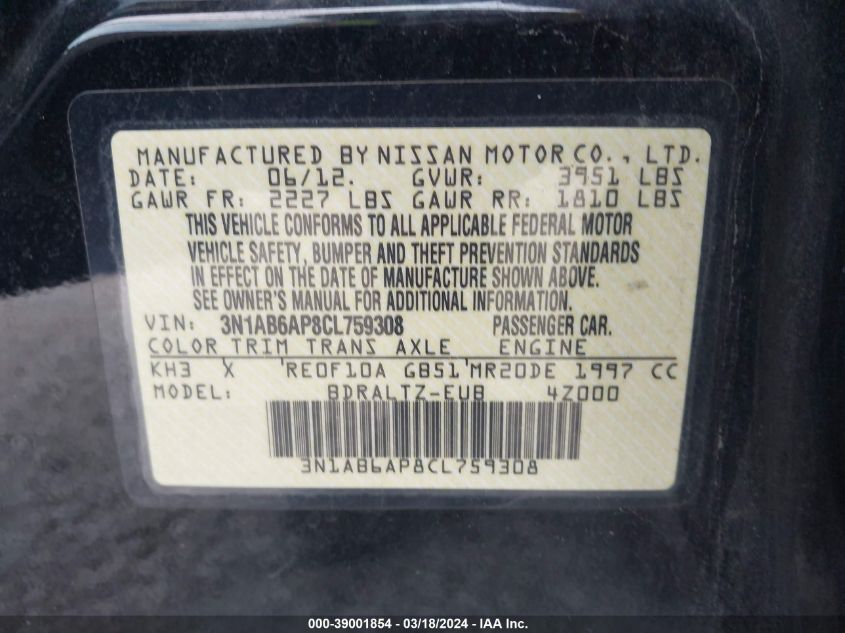 3N1AB6AP8CL759308 | 2012 NISSAN SENTRA