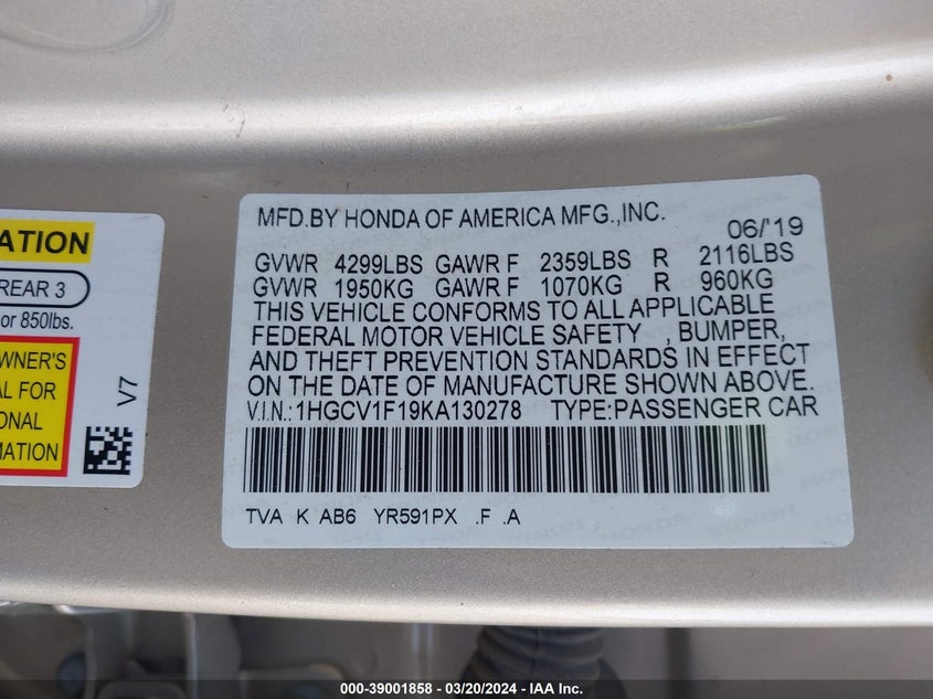 VIN 1HGCV1F19KA130278 2019 HONDA ACCORD LX