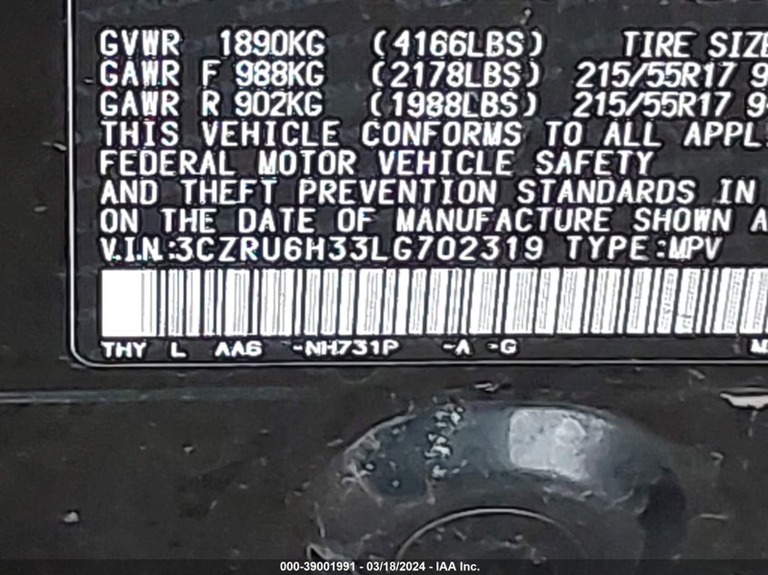 VIN 3CZRU6H33LG702319 2020 HONDA HR-V AWD LX