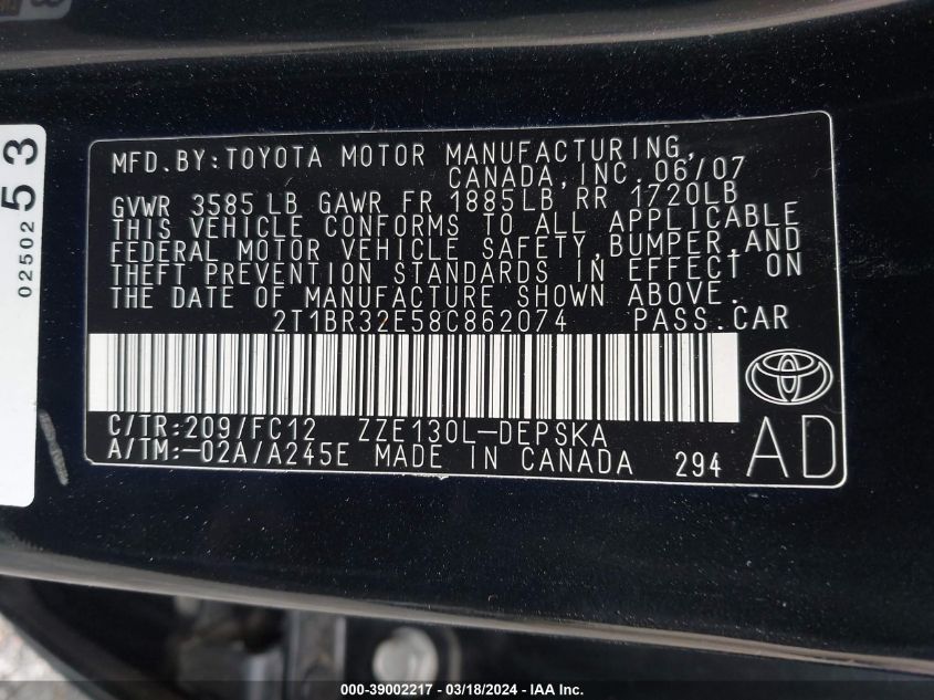 2T1BR32E58C862074 2008 Toyota Corolla S