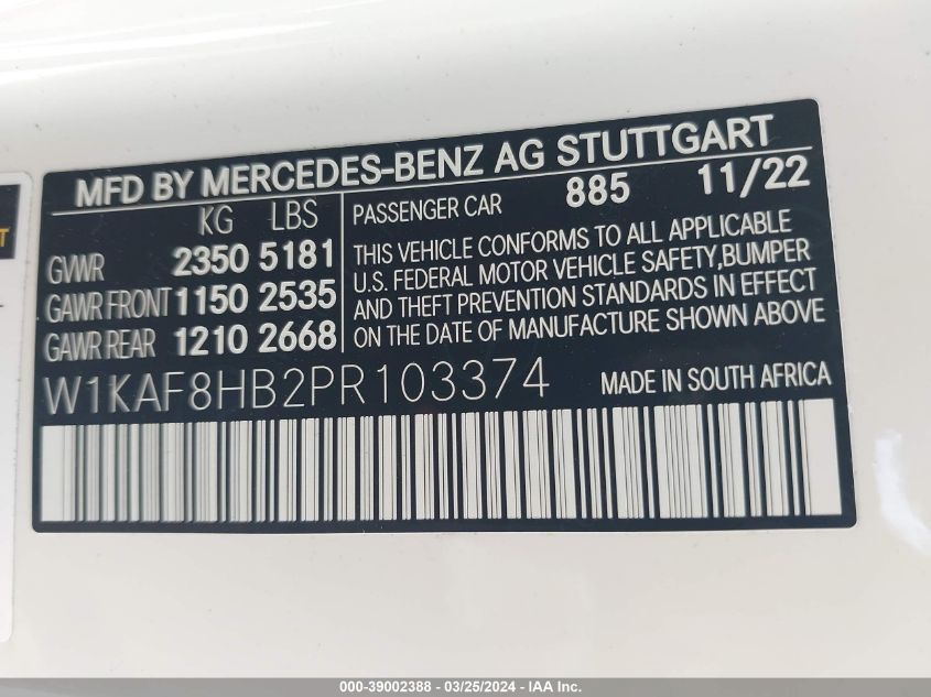 2023 Mercedes-Benz Amg C 43 4Matic VIN: W1KAF8HB2PR103374 Lot: 39002388