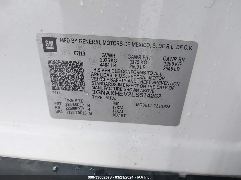 VIN 3GNAXHEV2LS514262 2020 CHEVROLET EQUINOX LS