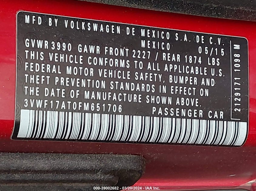 2015 VOLKSWAGEN BEETLE 1.8T FLEET EDITION - 3VWF17AT0FM651706