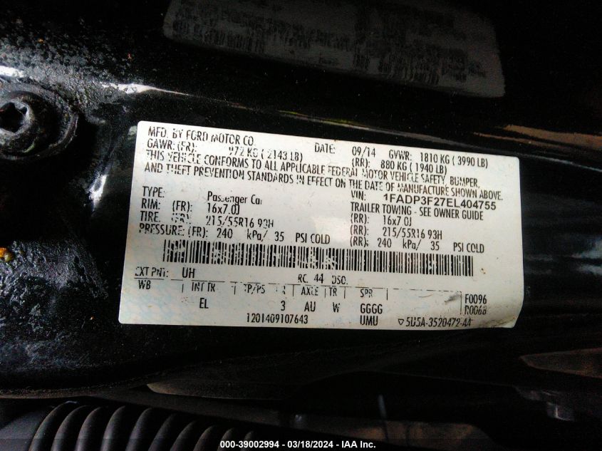 1FADP3F27EL404755 | 2014 FORD FOCUS