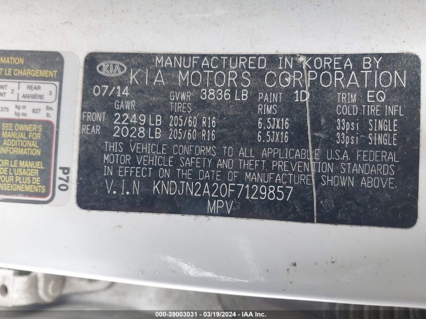 KNDJN2A20F7129857 | 2015 KIA SOUL