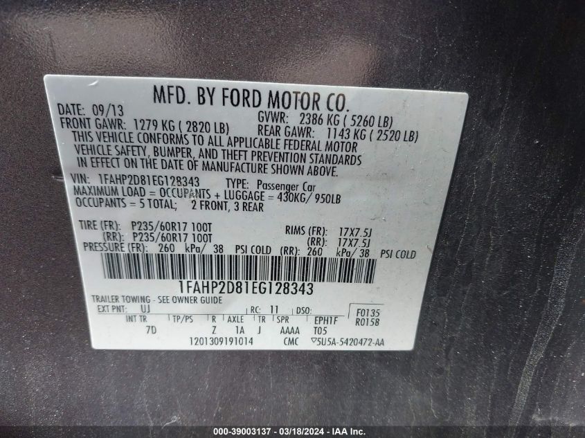 1FAHP2D81EG128343 | 2014 FORD TAURUS