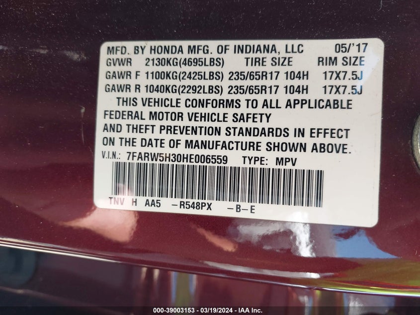 VIN 7FARW5H30HE006559 2017 HONDA CR-V LX