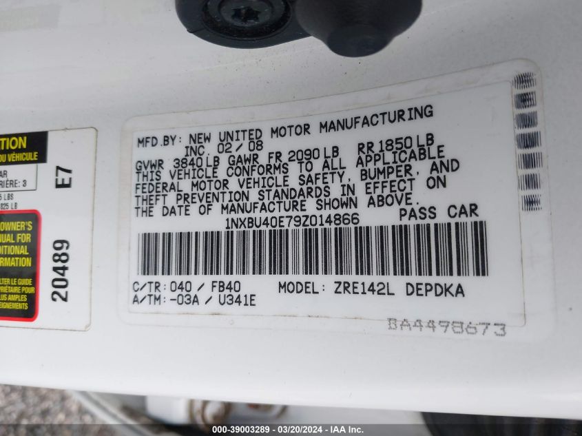 1NXBU40E79Z014866 | 2009 TOYOTA COROLLA