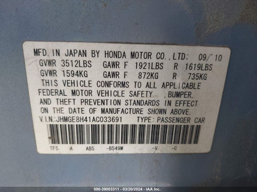 JHMGE8H41AC033691 | 2010 HONDA FIT