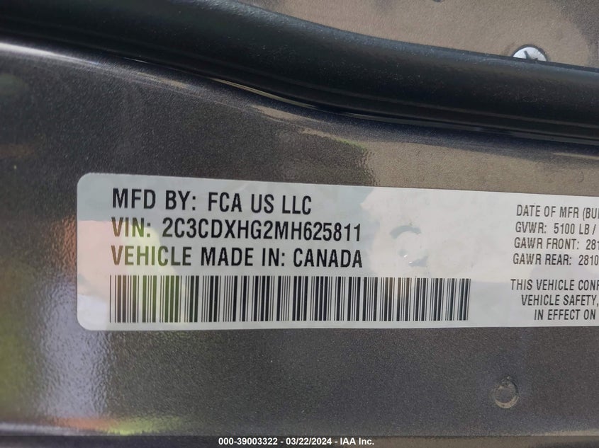 VIN 2C3CDXHG2MH625811 2021 DODGE CHARGER GT RWD