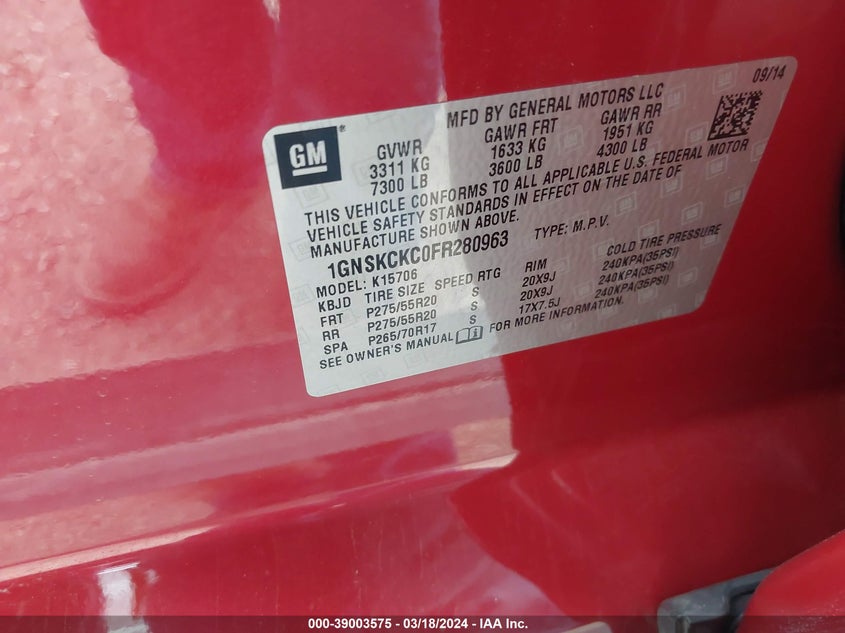 2015 CHEVROLET TAHOE LTZ - 1GNSKCKC0FR280963