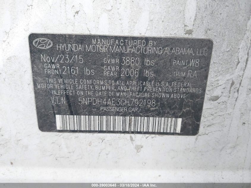 5NPDH4AE3GH792198 2016 Hyundai Elantra Se