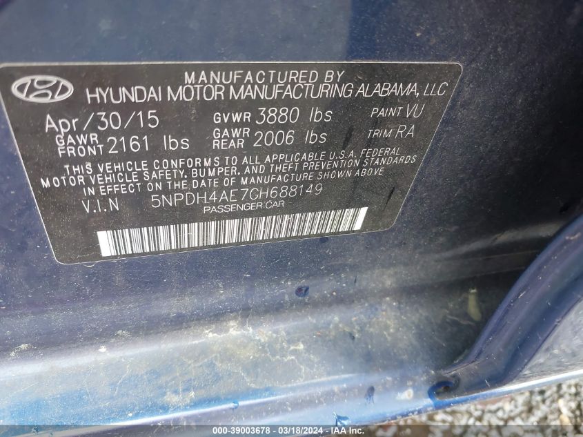 5NPDH4AE7GH688149 | 2016 HYUNDAI ELANTRA