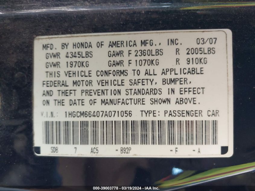 1HGCM66407A071056 | 2007 HONDA ACCORD