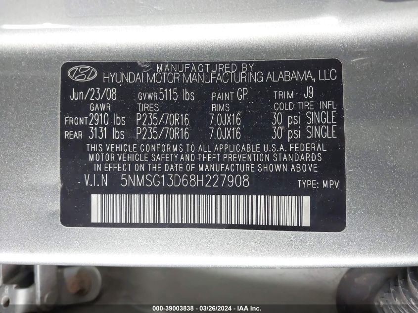 2008 Hyundai Santa Fe Gls VIN: 5NMSG13D68H227908 Lot: 39003838