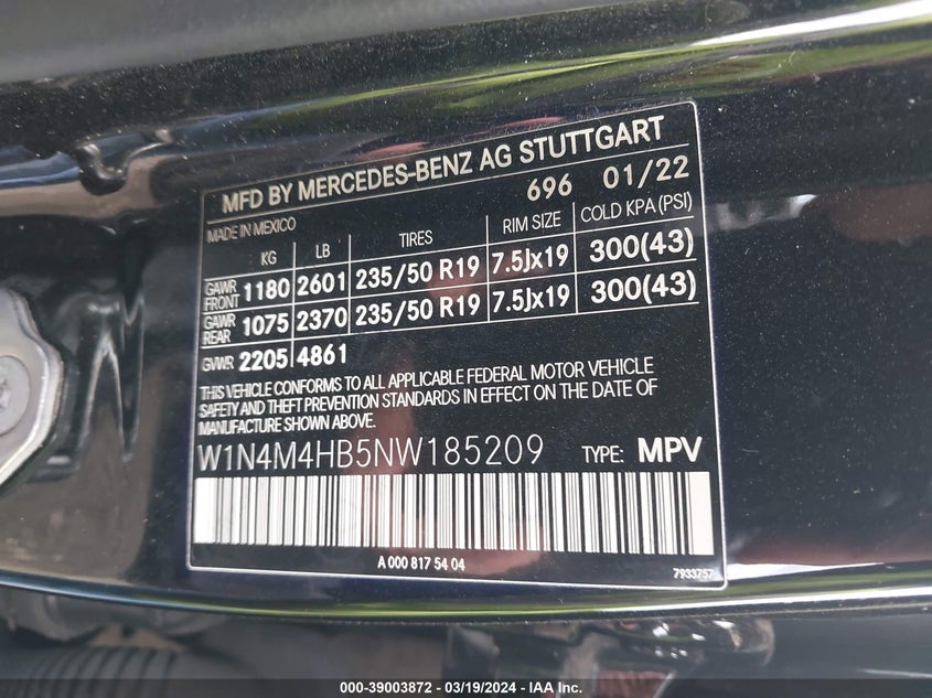 2022 MERCEDES-BENZ GLB VIN: W1N4M4HB5NW185209