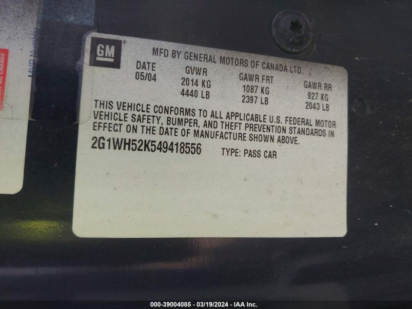 2G1WH52K549418556 | 2004 CHEVROLET IMPALA