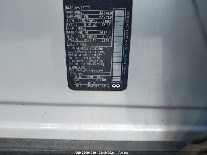 VIN 3PCAJ5M19KF122393 2019 INFINITI QX50 LUXE