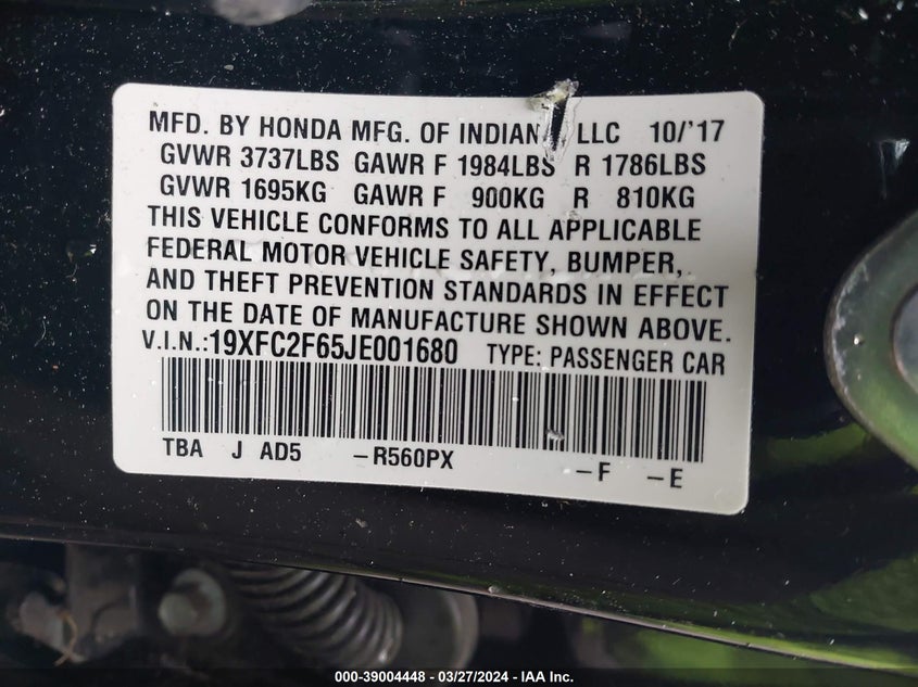 VIN 19XFC2F65JE001680 2018 HONDA CIVIC LX