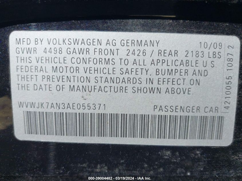 WVWJK7AN3AE055371 2010 Volkswagen Passat Komfort