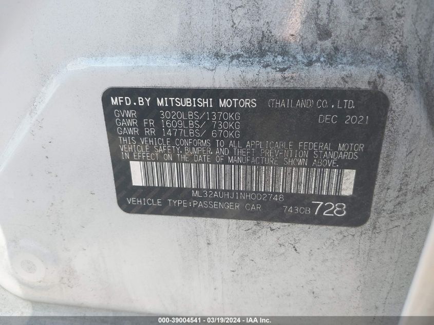 2022 Mitsubishi Mirage Es/Le VIN: ML32AUHJ1NH002748 Lot: 39004541