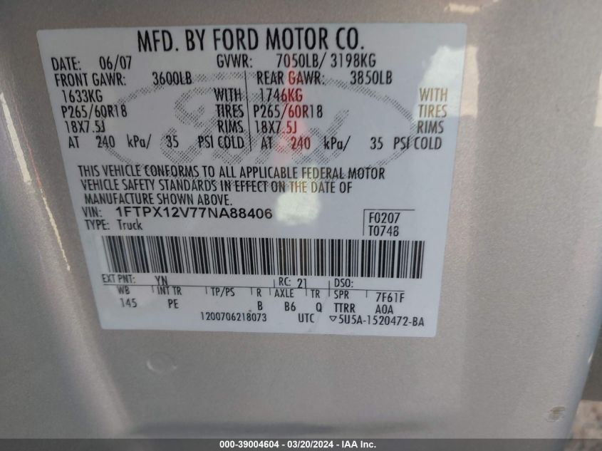 2007 Ford F150 VIN: 1FTPX12V77NA88406 Lot: 39004604