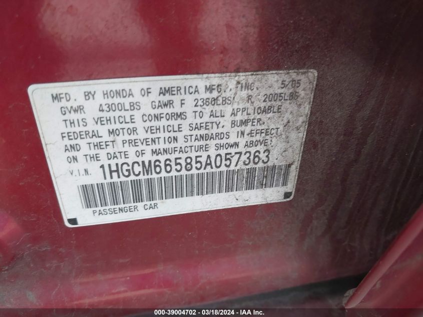 1HGCM66585A057363 | 2005 HONDA ACCORD