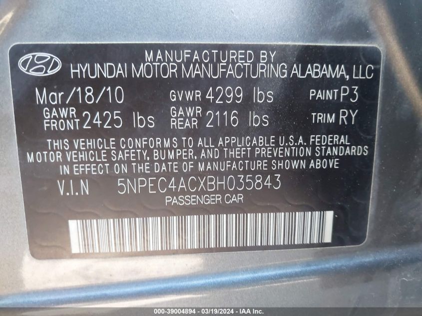 5NPEC4ACXBH035843 | 2011 HYUNDAI SONATA