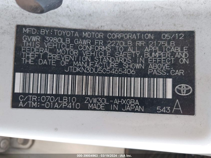 JTDKN3DU5C5465406 | 2012 TOYOTA PRIUS