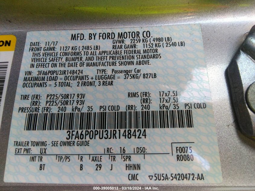 2018 FORD FUSION ENERGI SE LUXURY - 3FA6P0PU3JR148424