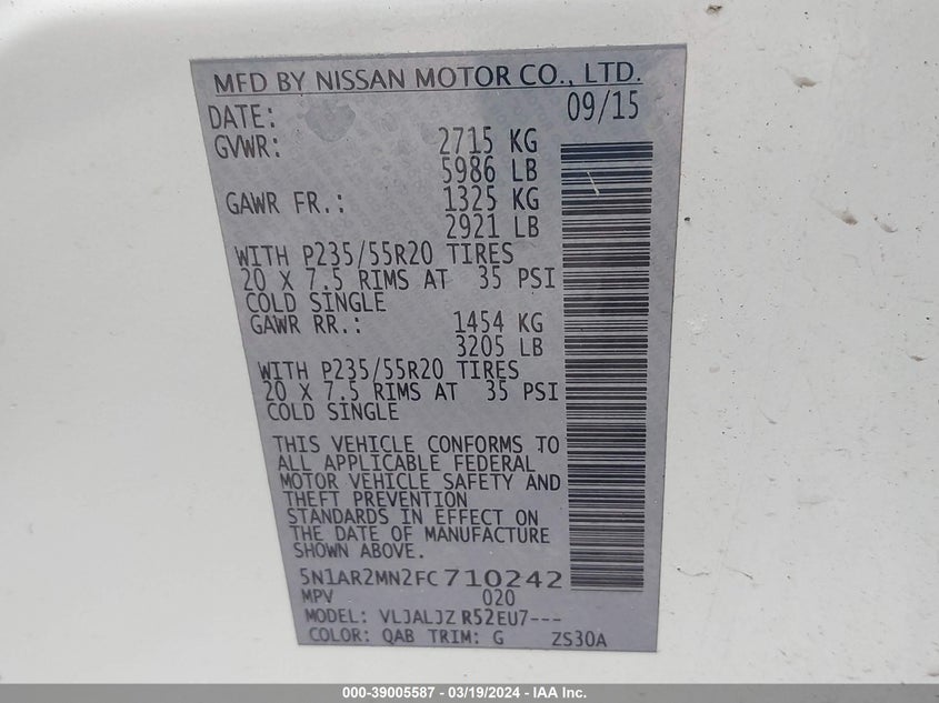 2015 NISSAN PATHFINDER PLATINUM - 5N1AR2MN2FC710242
