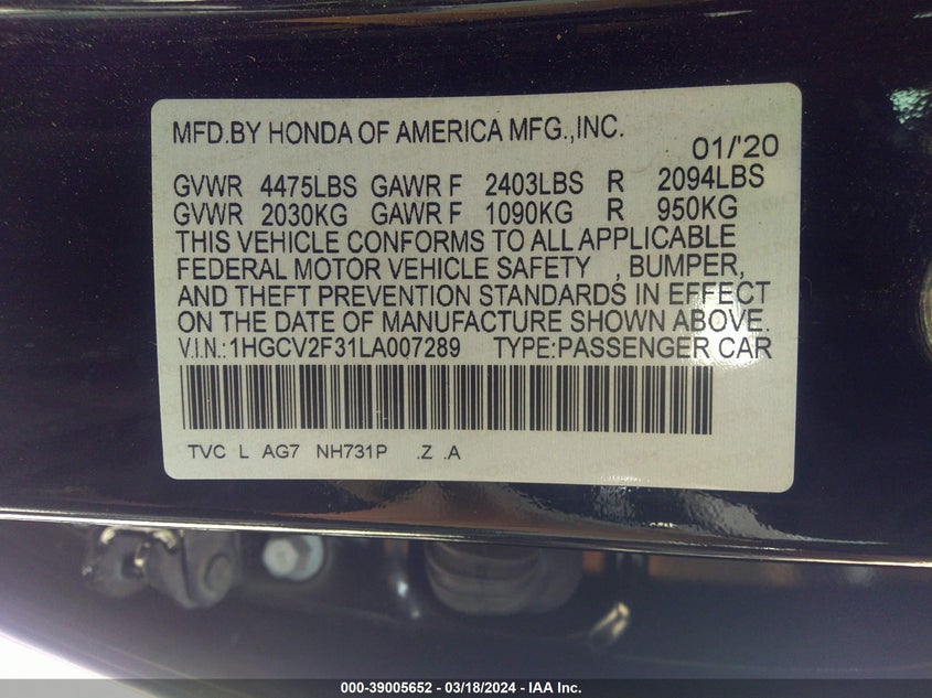 2020 HONDA ACCORD SPORT 2.0T - 1HGCV2F31LA007289