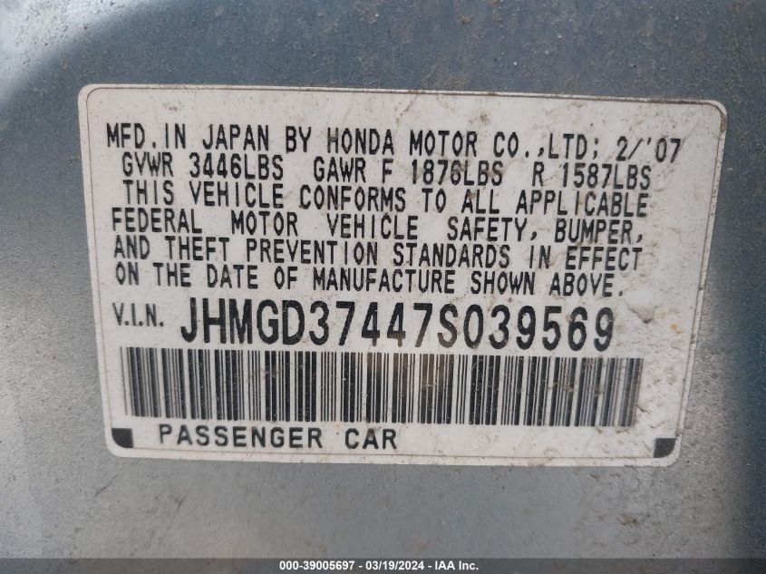 JHMGD37447S039569 | 2007 HONDA FIT