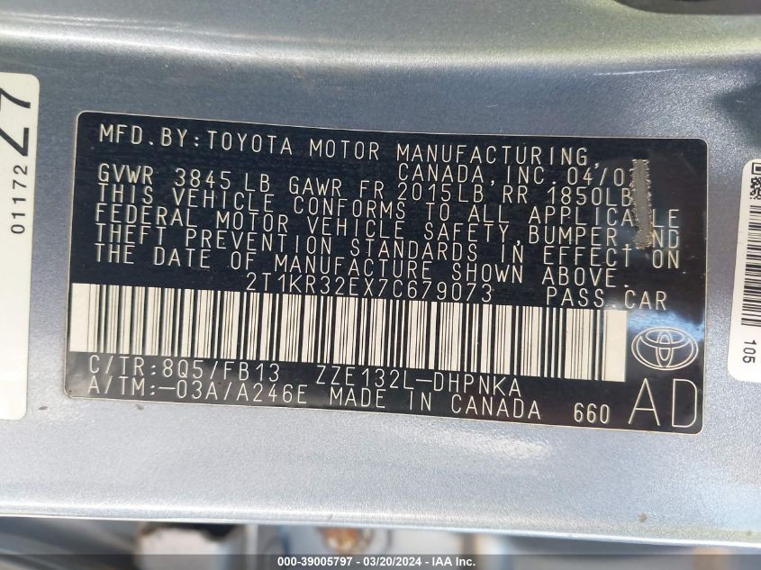 2T1KR32EX7C679073 2007 Toyota Matrix Xr