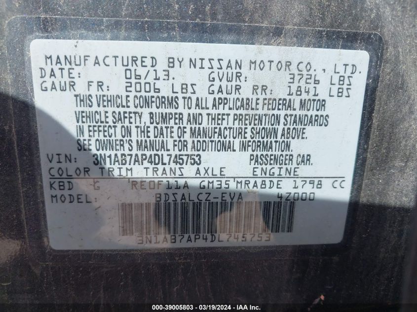 3N1AB7AP4DL745753 | 2013 NISSAN SENTRA