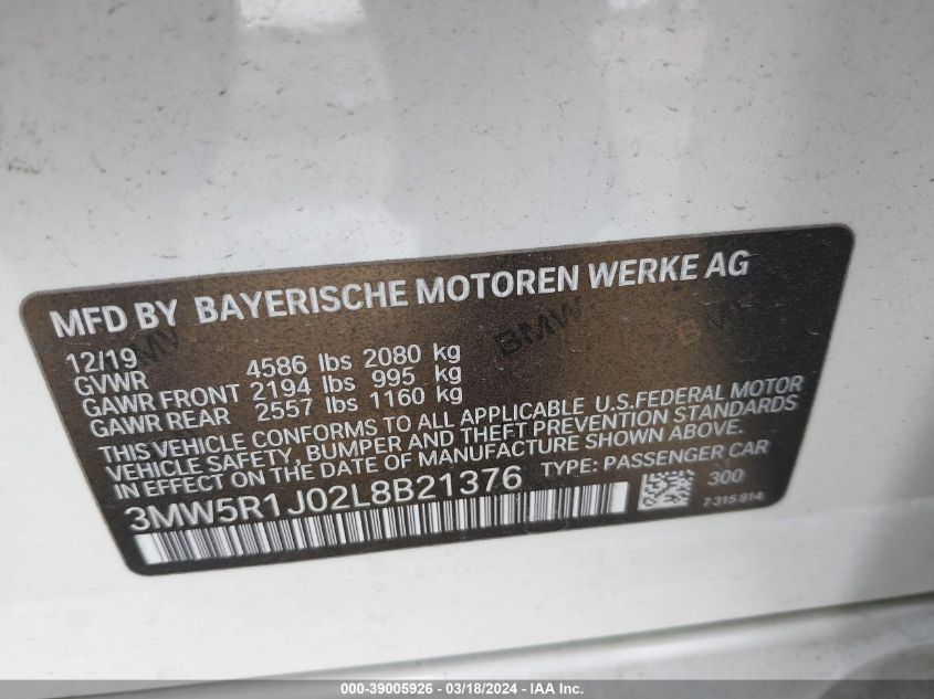 VIN 3MW5R1J02L8B21376 2020 BMW 330I no.9