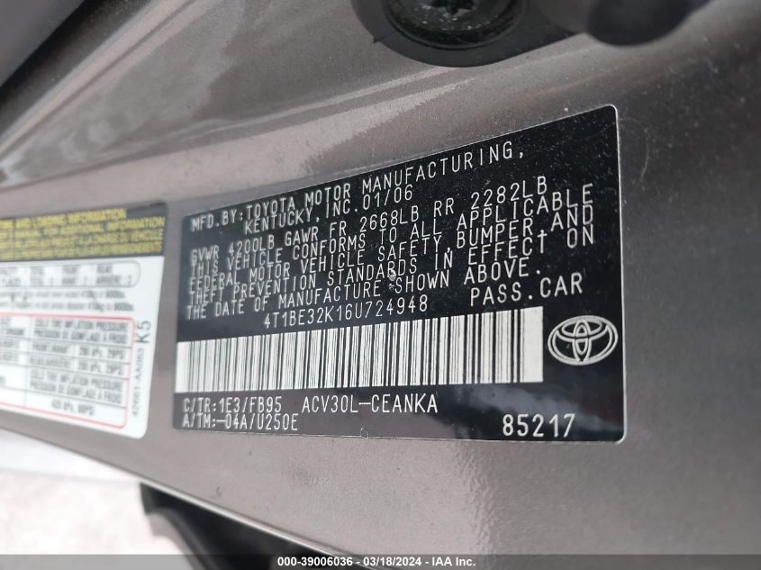 4T1BE32K16U724948 | 2006 TOYOTA CAMRY