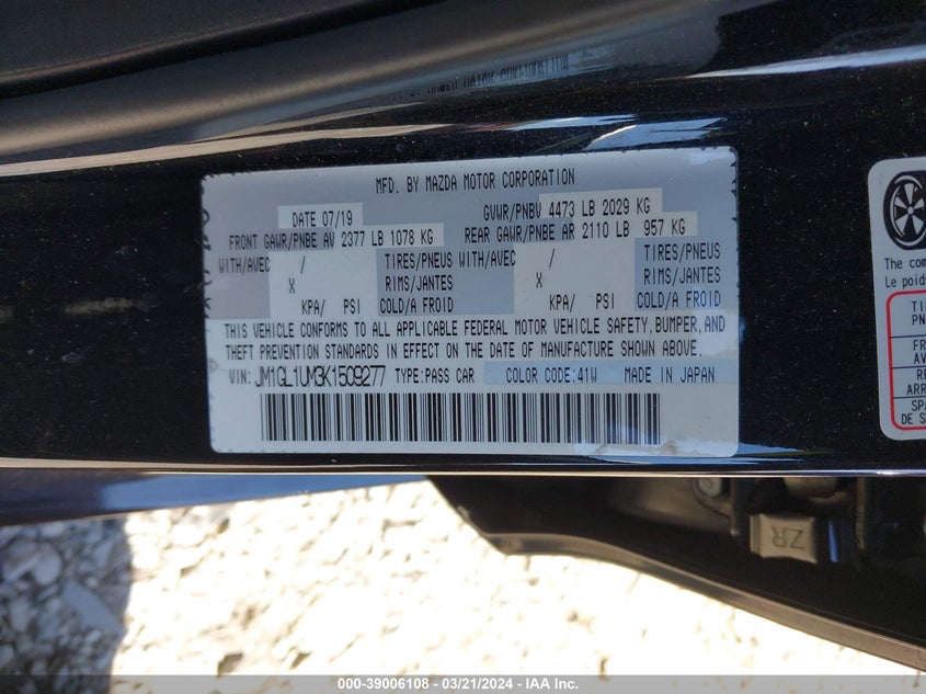 VIN JM1GL1UM3K1509277 2019 MAZDA MAZDA6 SPORT