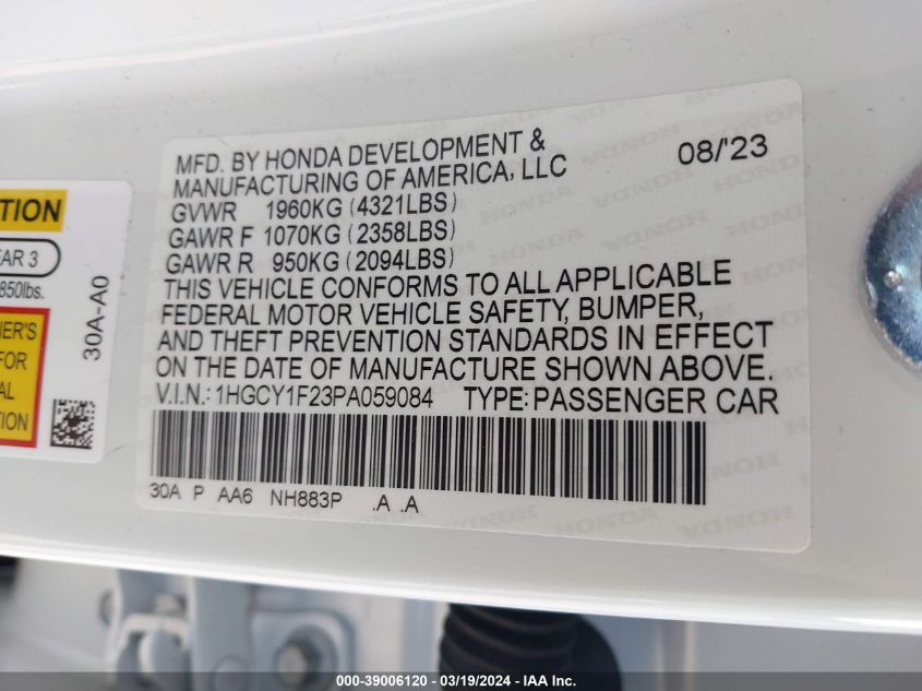 2023 Honda Accord Lx VIN: 1HGCY1F23PA059084 Lot: 39006120