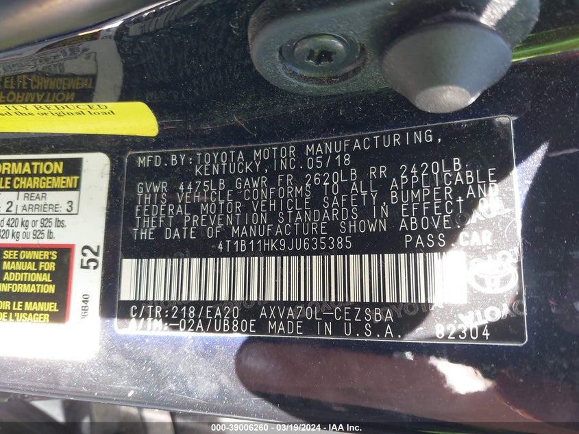 2018 TOYOTA CAMRY SE - 4T1B11HK9JU635385