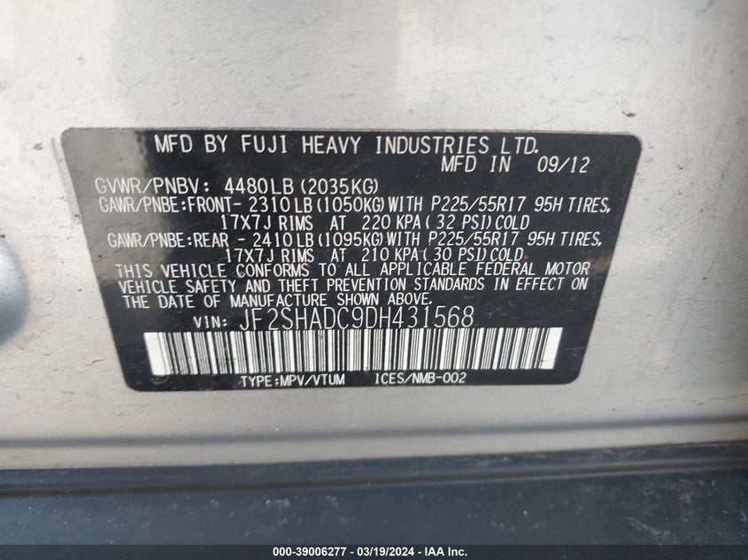 2013 SUBARU FORESTER 2.5X PREMIUM - JF2SHADC9DH431568