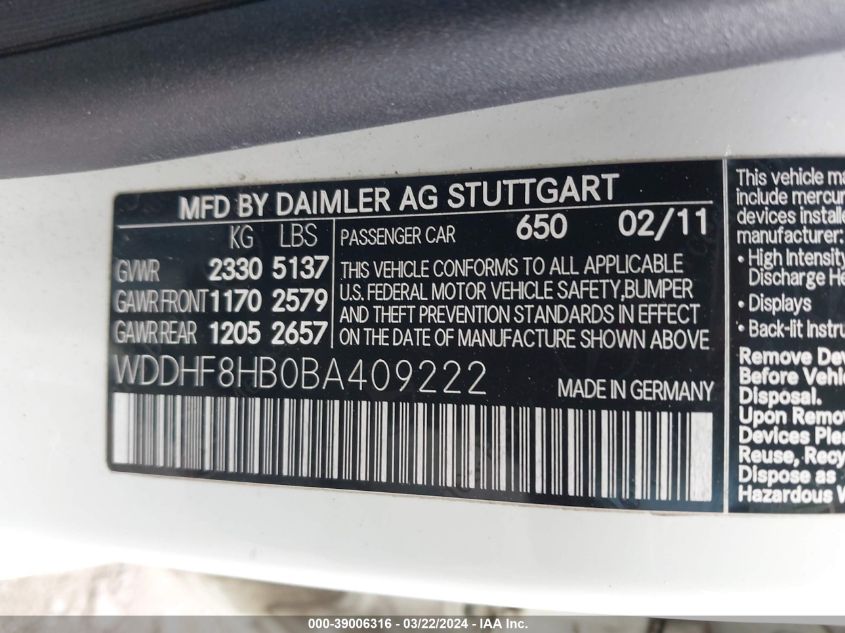 WDDHF8HB0BA409222 2011 Mercedes-Benz E 350 4Matic