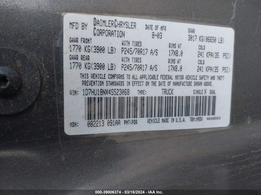 1D7HU18NX4S523068 | 2004 DODGE RAM 1500