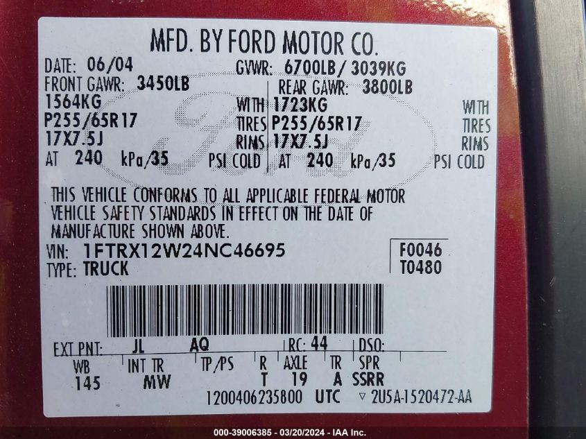 1FTRX12W24NC46695 | 2004 FORD F-150