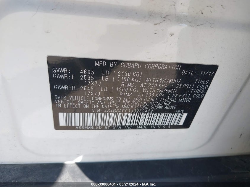 VIN 4S4BSAFC1J3269422 2018 SUBARU OUTBACK 2.5I PREMIUM